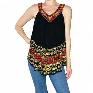 Black & Yellow Hippie Floral Embroidered Summer Festival Tank Top